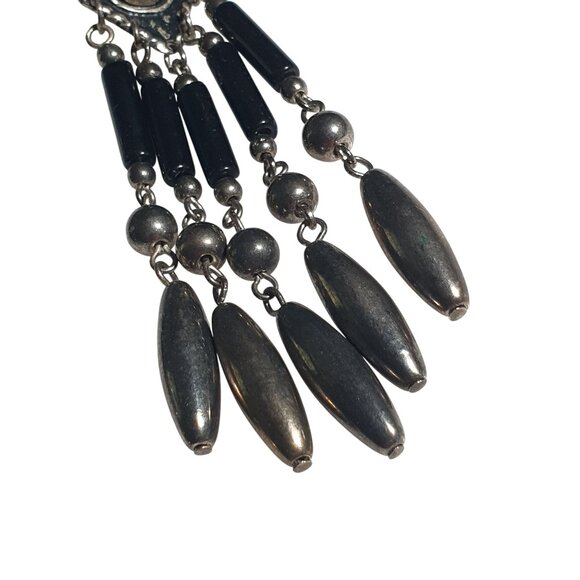 Vintage Long Dangle Earrings Black Silver Tone Geometric Western Jewelry Post - Picture 3 of 6